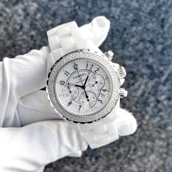 画像1: CHANEL J12 Chronograph 41mm Diamond Bezel White Ceramic Mens Watch