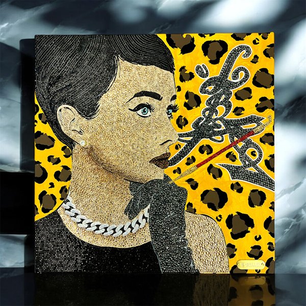 画像2: G-BALLER ART | Audrey Hepburn Leopard "美" Rhinestone Art with K18/DIA Earrings