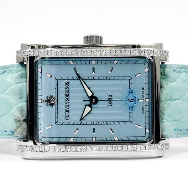 画像4: Cuervo y Sobrinos Prominente Date Ice Blue Dial & Leather Strap Diamond A1015