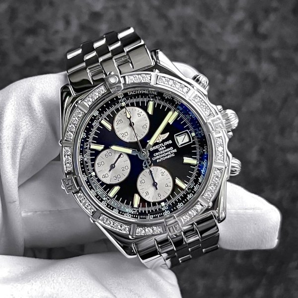 画像1: 【純正BOX】BREITLING ブライトリング クロスウィンド ダイヤモンド ステンレス ブレスレット 黒 銀 ブラック シルバー | 250107