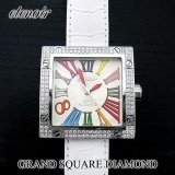 即納：エテノワール グランドスクエア ダイヤモンド ベゼル ホワイト　レザー GRAND SQUARE アフターダイヤ