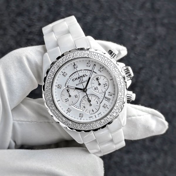 画像1: Chanel J12 Chronograph 9P Diamond Index 41mm White Ceramic Diamond Bezel