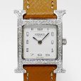 画像3: Hermes H Wath PM HH1.210 Pave Diamond White Dial Gold Brown Leather Strap