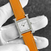 Hermes H Wath PM HH1.210 Pave Diamond White Dial Gold Brown Leather Strap