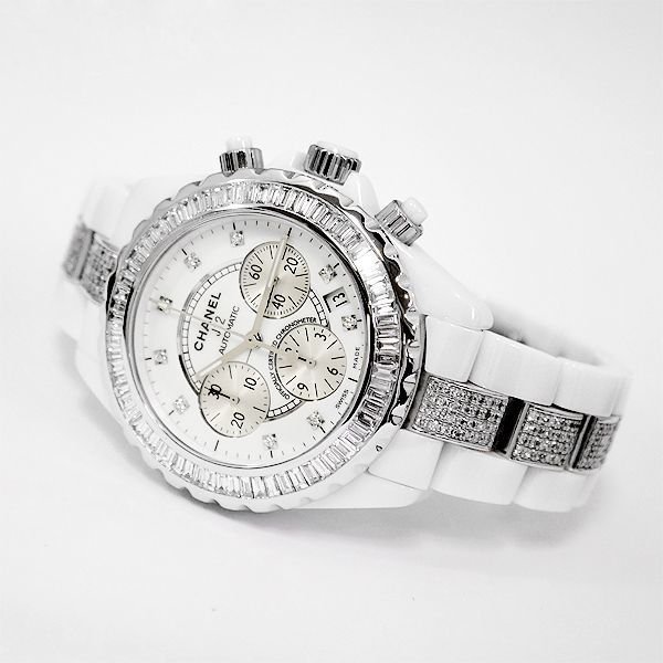 画像4: Chanel J12 9PD Chronograph 41mm Baguette Diamond Bezel Bracelet Center Diamond White Ceramic Mens