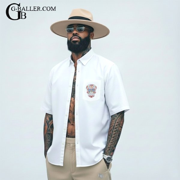 画像1: メキシカンスカル ボタンダウンシャツ(半袖)(Colorful)