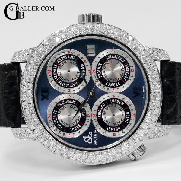 画像3: 【未使用 / 限定モデル / ギャラ / 取説】JACOB&CO ワールドGMT ネイビー GMT-5SS パヴェダイヤモンド クロコダイルストラップ 世界限定1800本