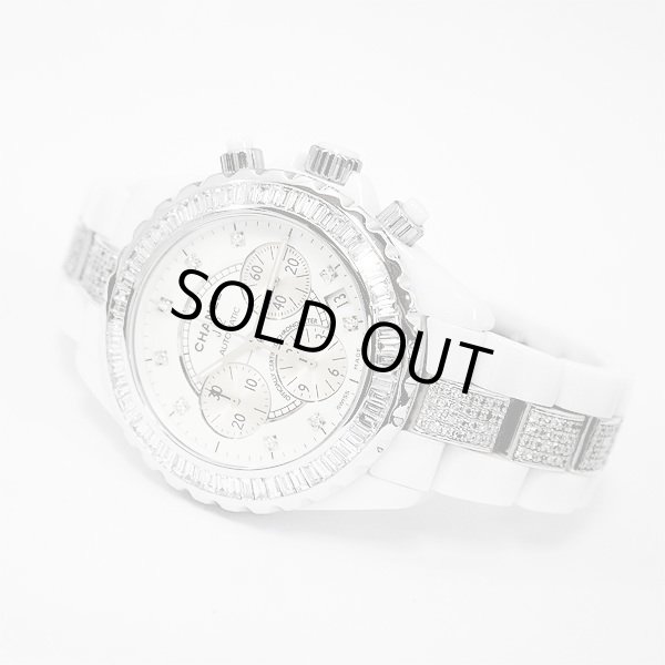 画像4: Chanel J12 9PD Chronograph 41mm Baguette Diamond Bezel Bracelet Center Diamond White Ceramic Mens (4)