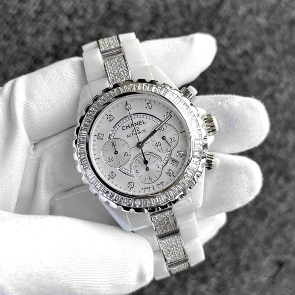 画像1: Chanel J12 9PD Chronograph 41mm Baguette Diamond Bezel Bracelet Center Diamond White Ceramic Mens (1)